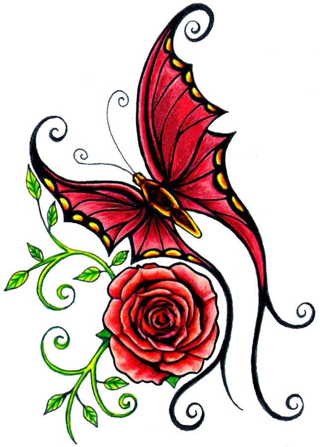 644x900 Red Butterfly And Rose Tattoo Design