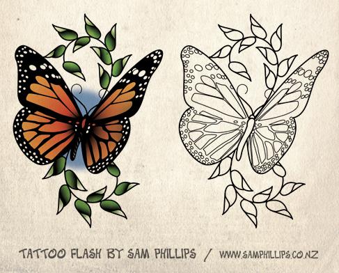 487x392 Awesome Color Ink Butterfly Tattoo Design