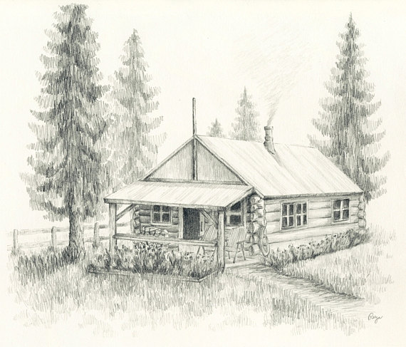 570x487 Little Log Cabin Pencil Drawing Print