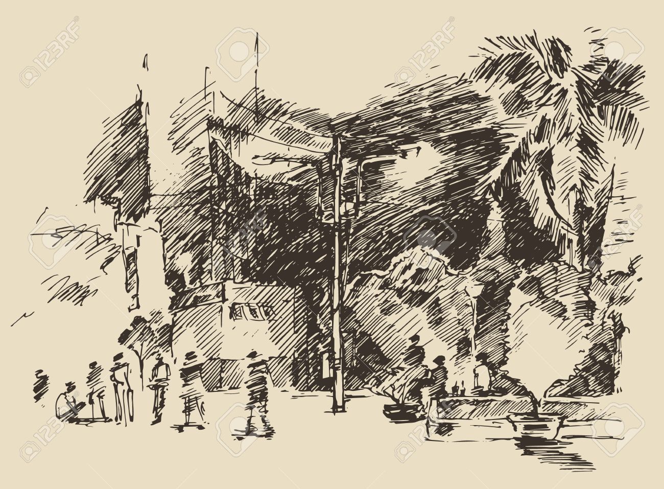 1300x957 Sketch Of A Park In The Night California Landscape Hand Drawn