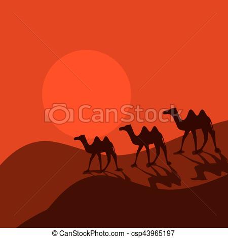 450x470 Camel Caravan In Desert Cartoon Vector. Two Humped Desert Eps