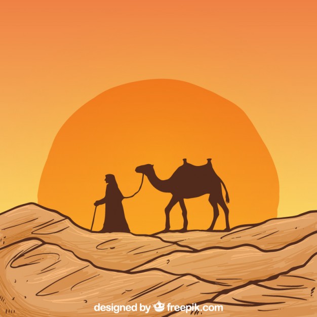 626x626 Hand Drawn Desert Landscape With Camel Silhouette Vector Premium