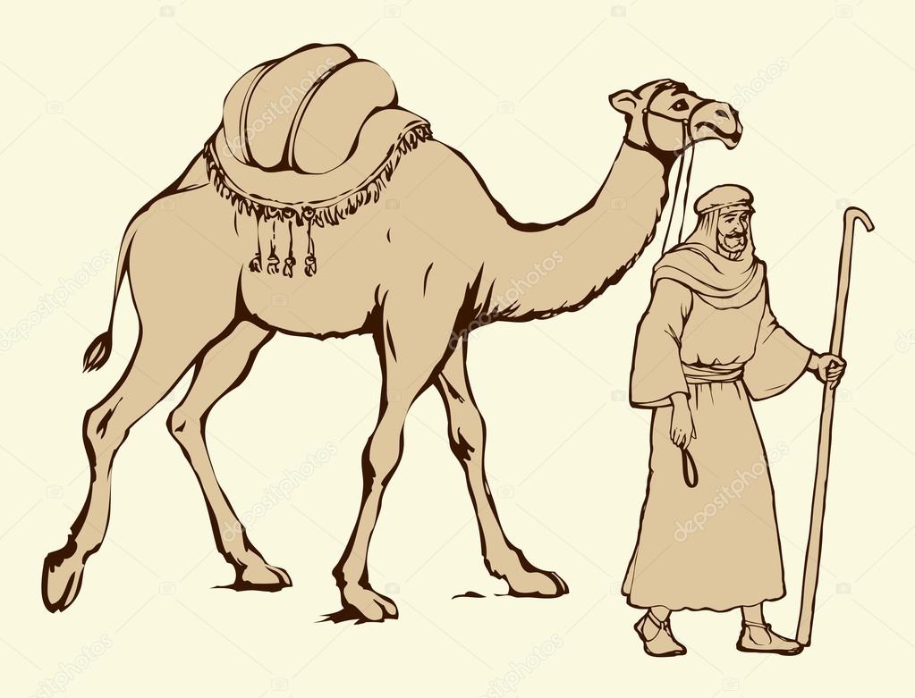 1023x781 Arab With Camel Laden. Vector Drawing Stock Vector Marinka