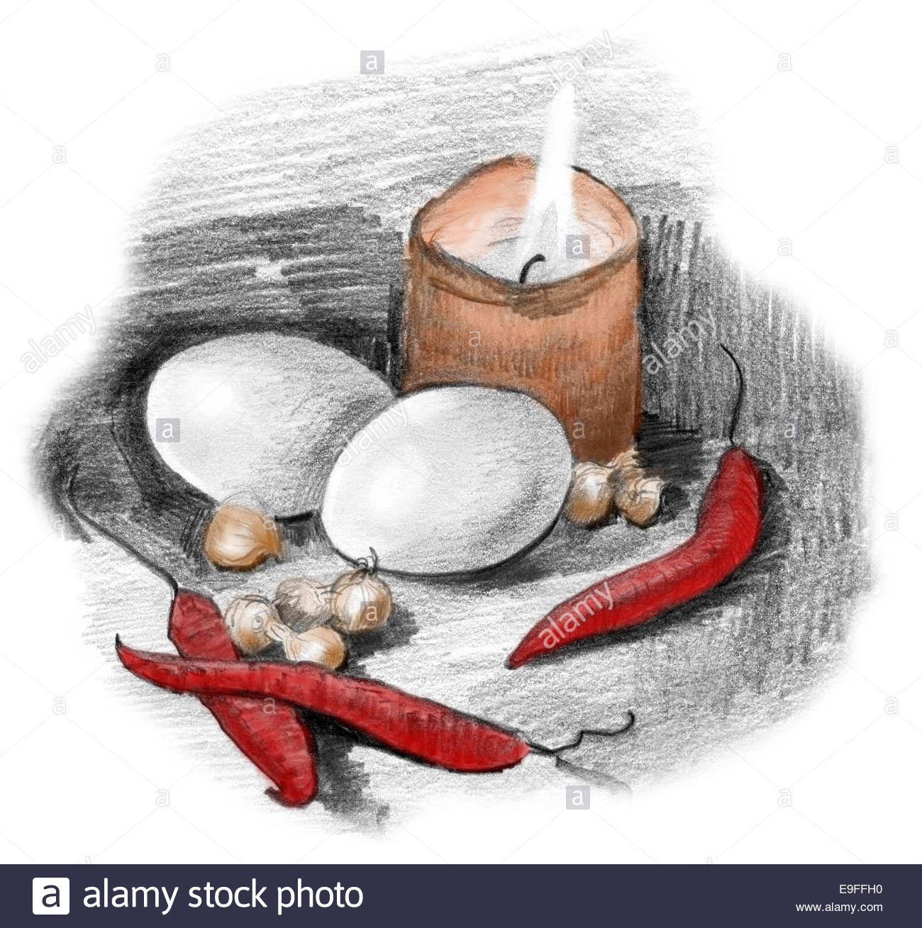 1300x1309 Eggs, Peppers, Crocus Bulbs And Candle Light Still Life. Pencil