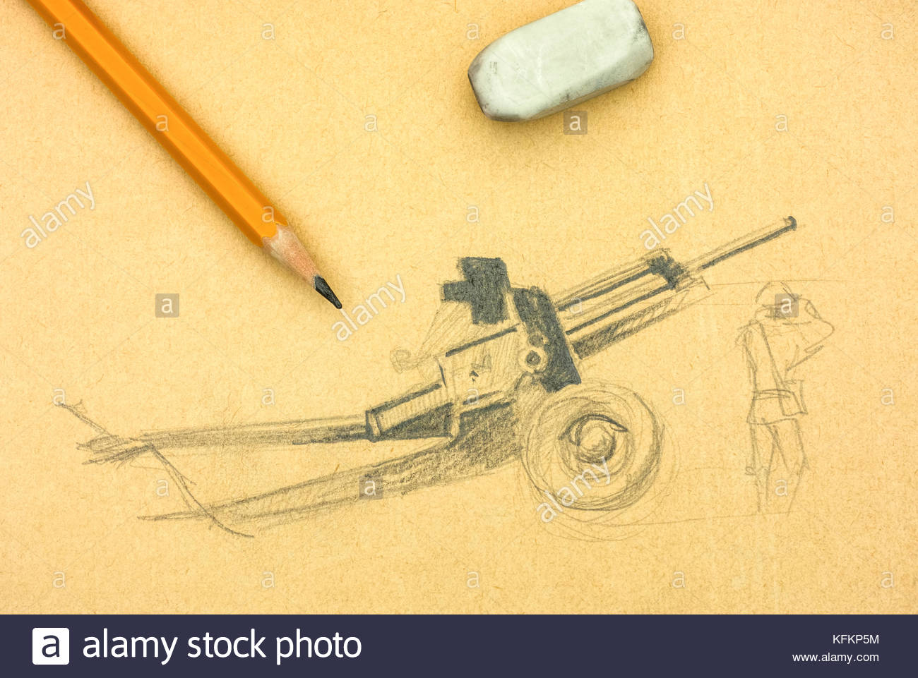 1300x961 Cannon. Pencil Drawing With Yellow Pencil And Eraser. Close Up