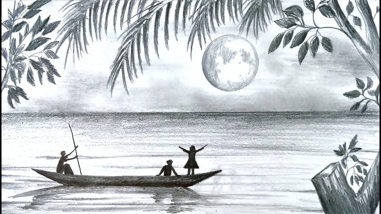 1280x720 How To Draw Scenery Of Moonlight Night Scene With Pencil Sketch
