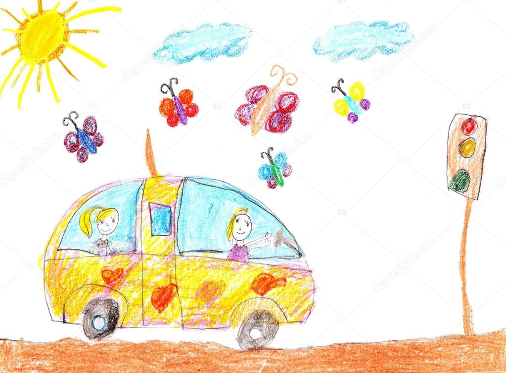 1023x755 Children Drawing Car Trip Stock Photo Strekalova