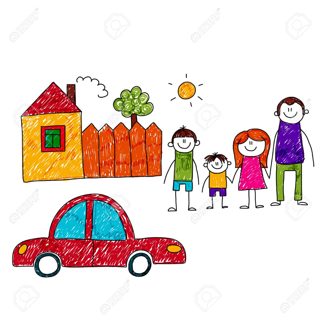 1300x1300 Image Of Happy Family With Car And House. Kids Drawing Royalty