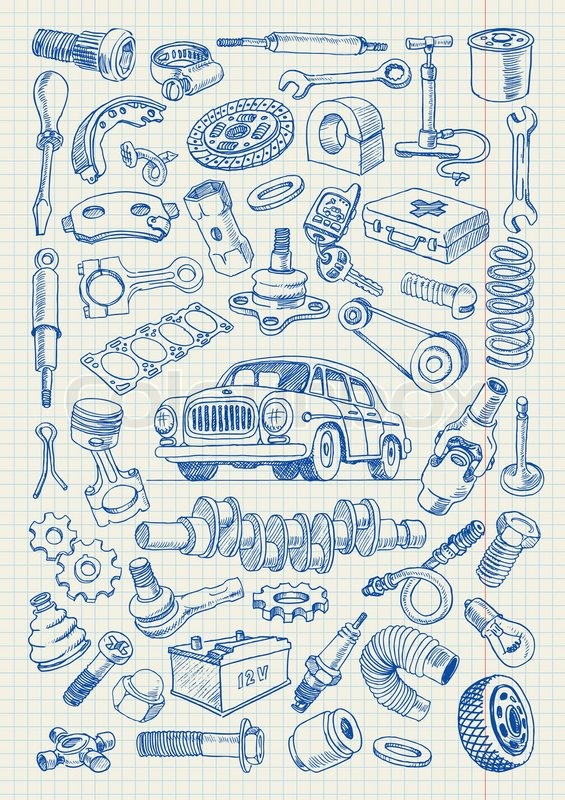 565x800 Car Parts In Freehand Drawing Style. Set Of Vector Illustrations