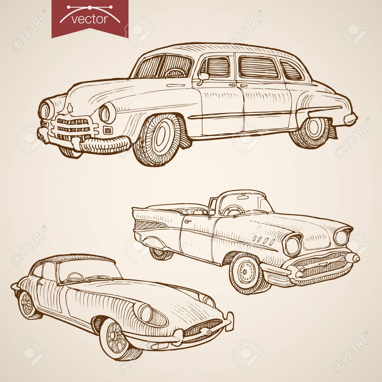 1300x1300 Engraving Vintage Hand Drawn Vector Retro Car Collection. Pencil