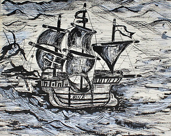 340x270 Vintage Original Black Ink Drawing Sailing Ship Nina Christopher