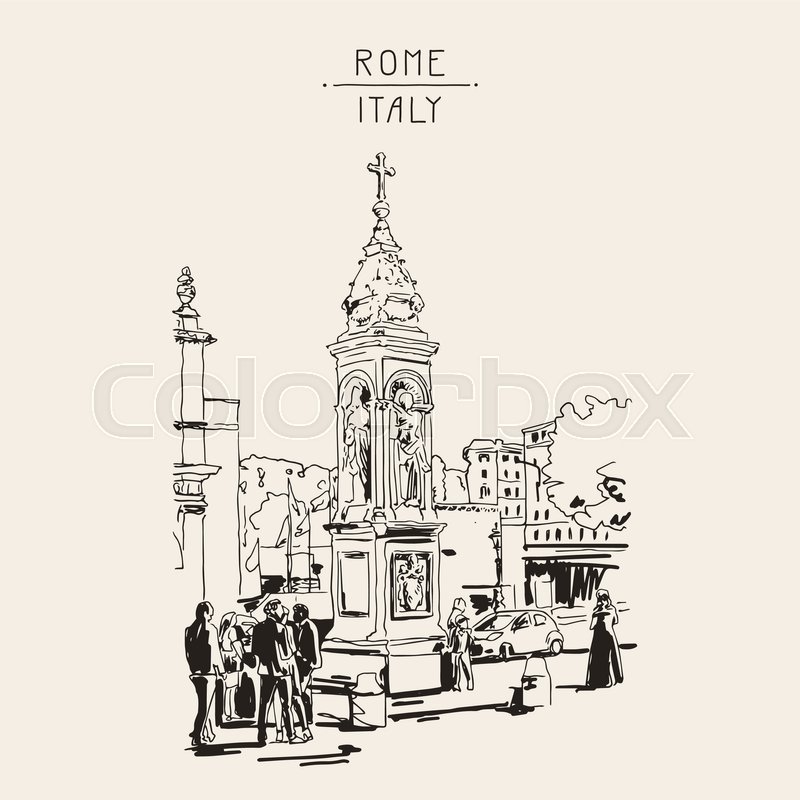 800x800 Original Freehand Drawing Travel Card From Rome Italy, Old Italian