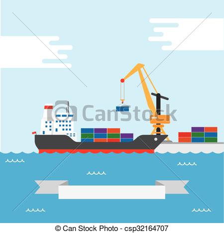 450x468 Cargo Transportation Ship. Vector Concept Of River Ocean