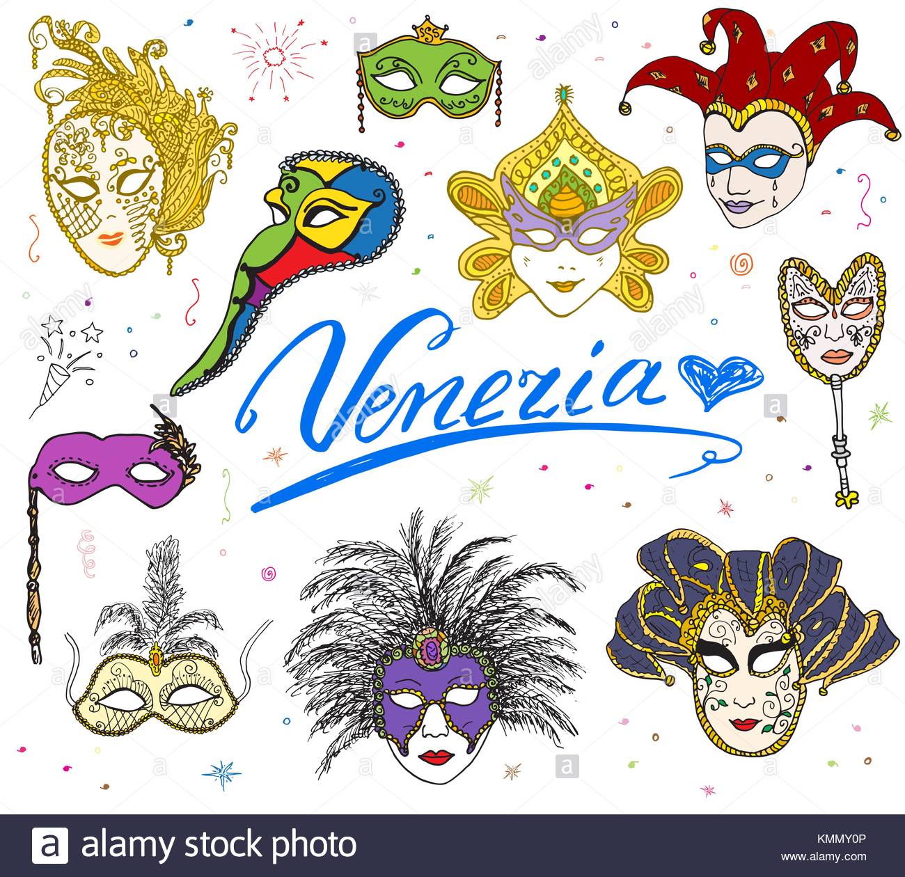1300x1260 Venice Italy Sketch Carnival Venetian Masks Hand Drawn Set