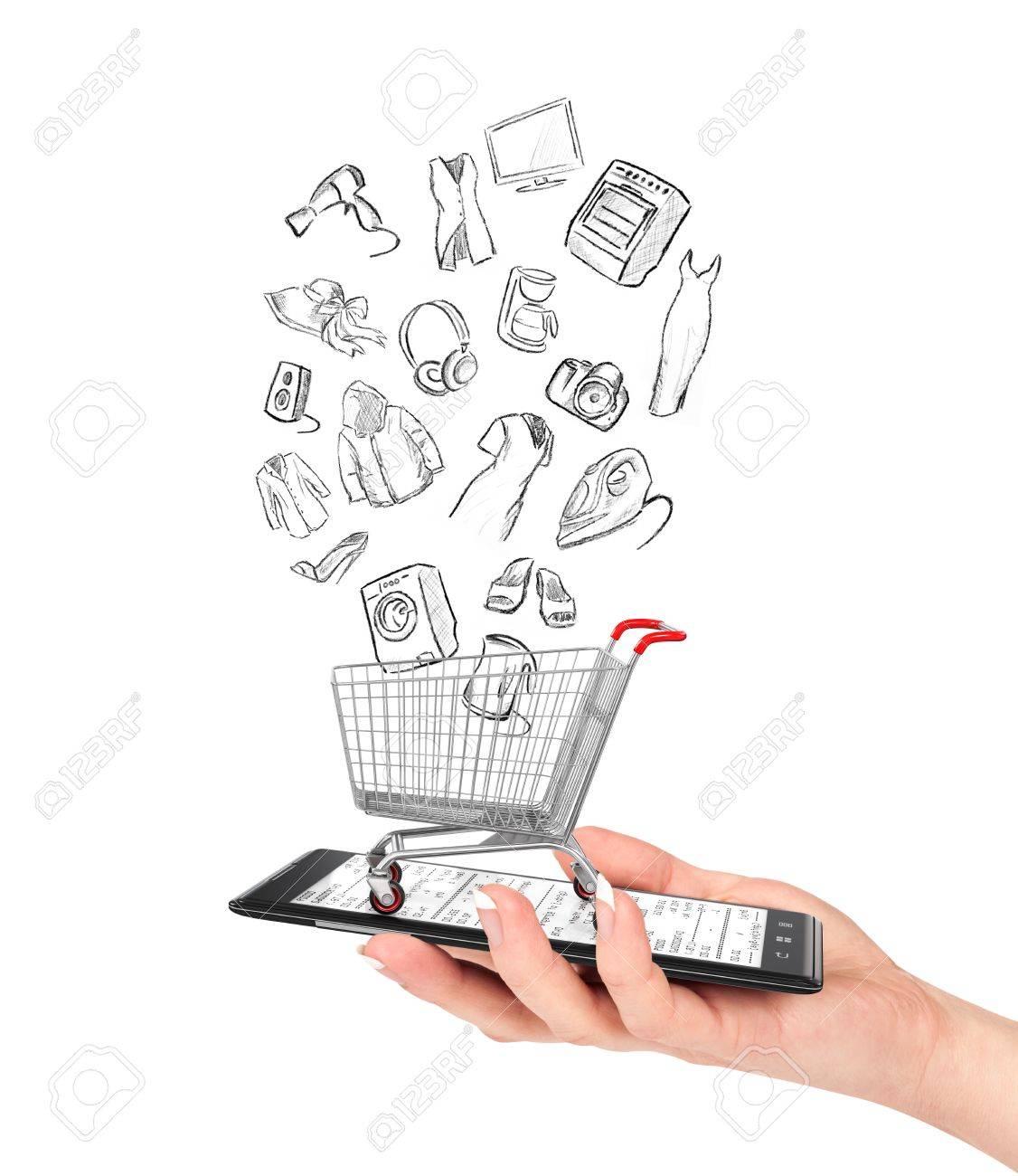 1126x1300 Online Shop Concept. Female Hand Holding A Phone On Which Stands
