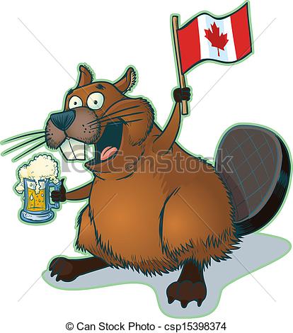 414x470 Beaver With Beer And Canadian Flag. Vector Cartoon Clip Art