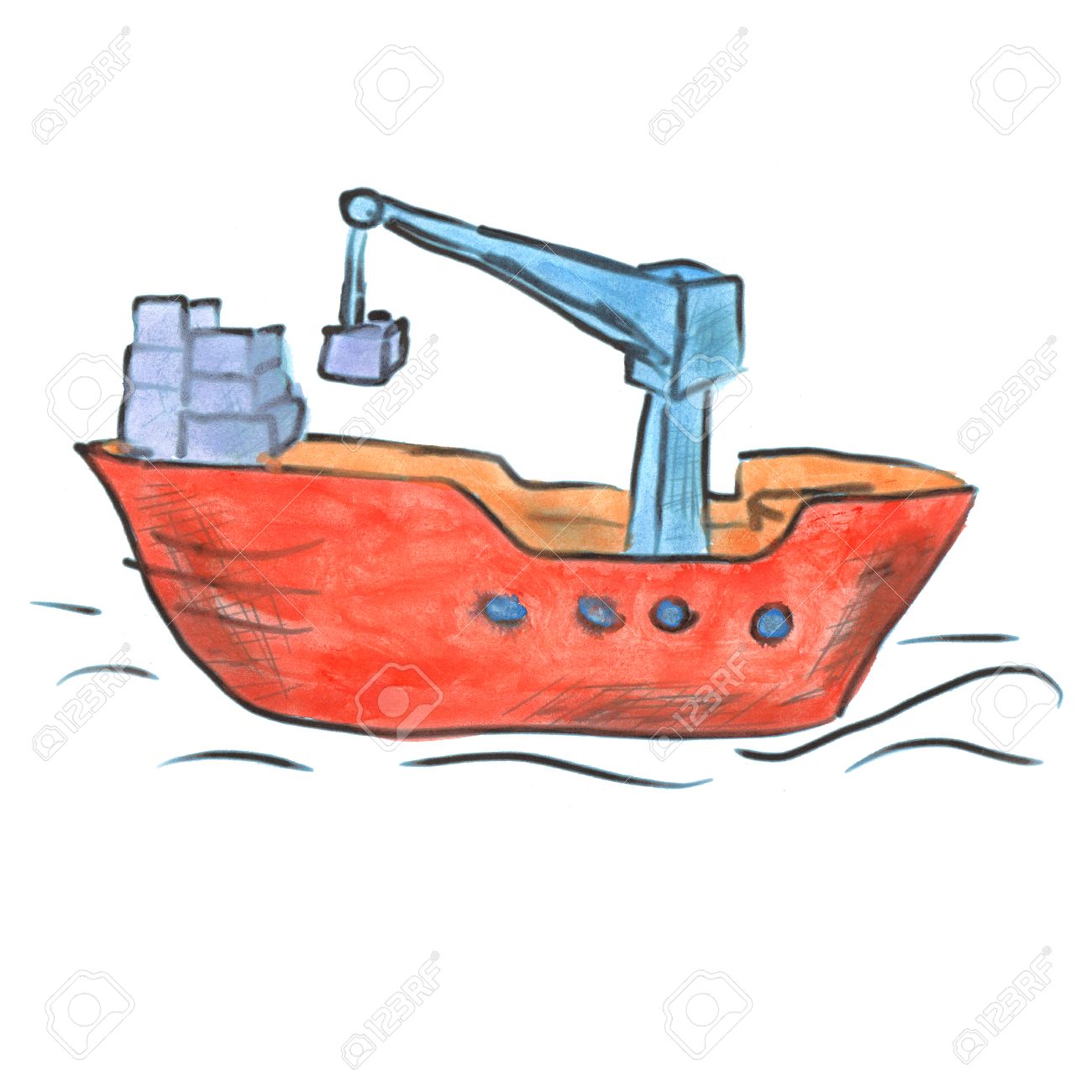1300x1300 Red Cargo Boat Cartoon Watercolor Isolated Handmade Stock Photo