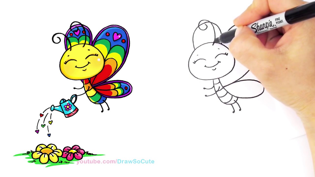 1280x720 How To Draw A Cartoon Butterfly Cute Step By Step Rainbow Colors