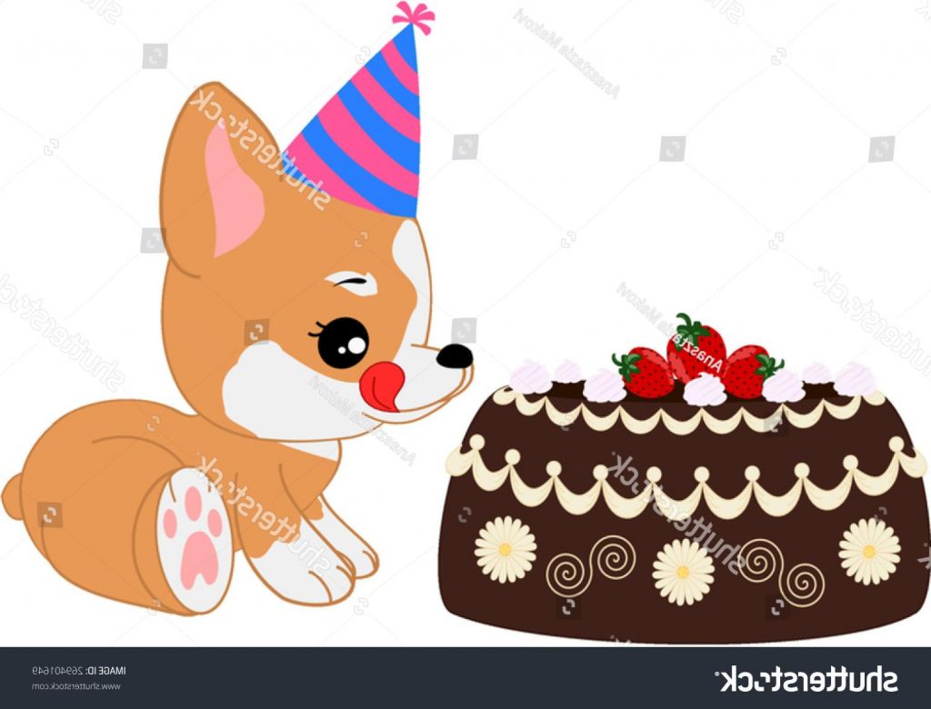 1024x780 Best Stock Vector Cartoon Corgi Girl Puppy With Birthday Cake Drawing