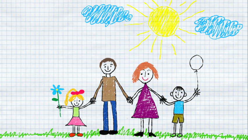 852x480 Child Draws Family And Home Using Color Pencils. Animated Drawing