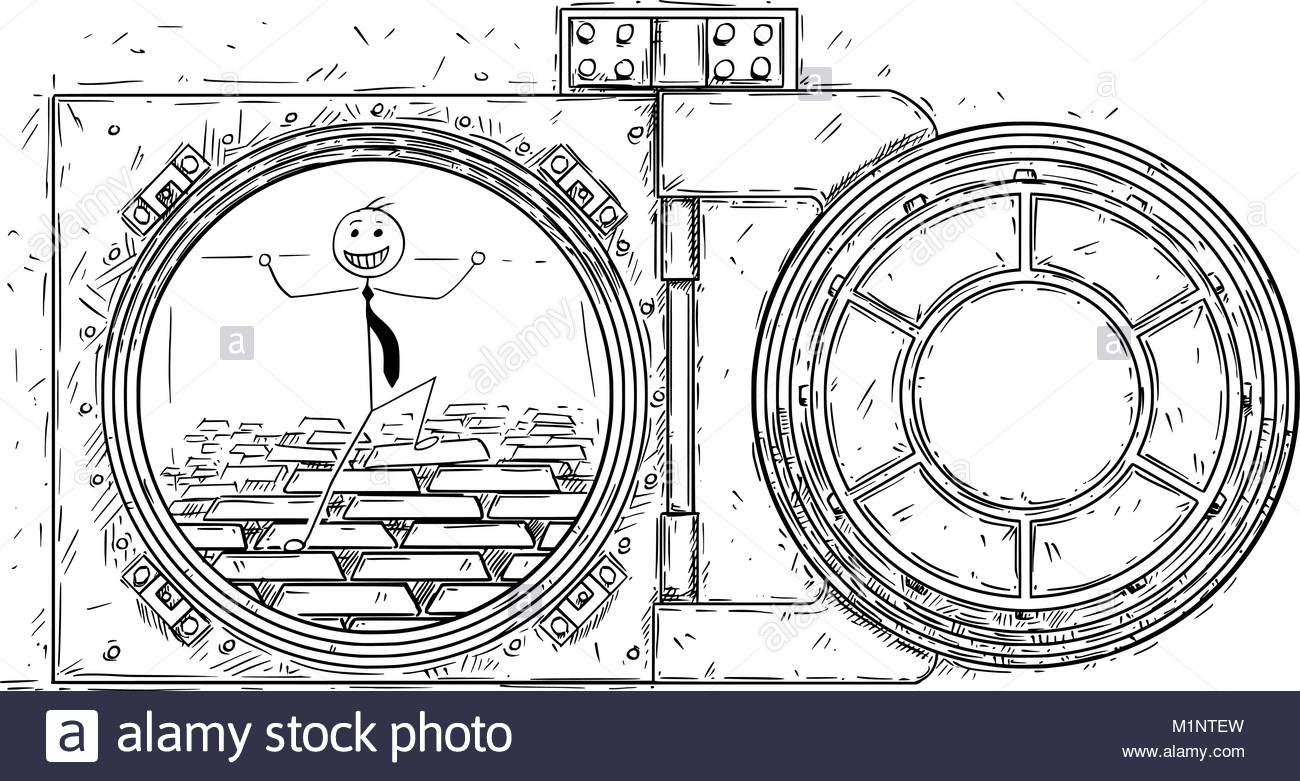 1300x781 Cartoon Drawing Of Open Vault Door With Gold Bars And Happy Stock