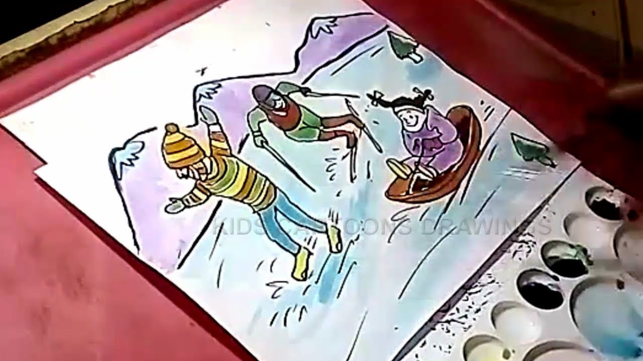 1280x720 How To Draw Kids Playing Winter Season Games Drawing For Kids