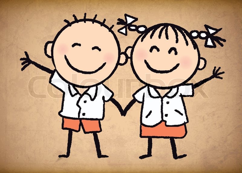 800x571 Cute School Uniform Boy And Girl Sketch Background. Vector