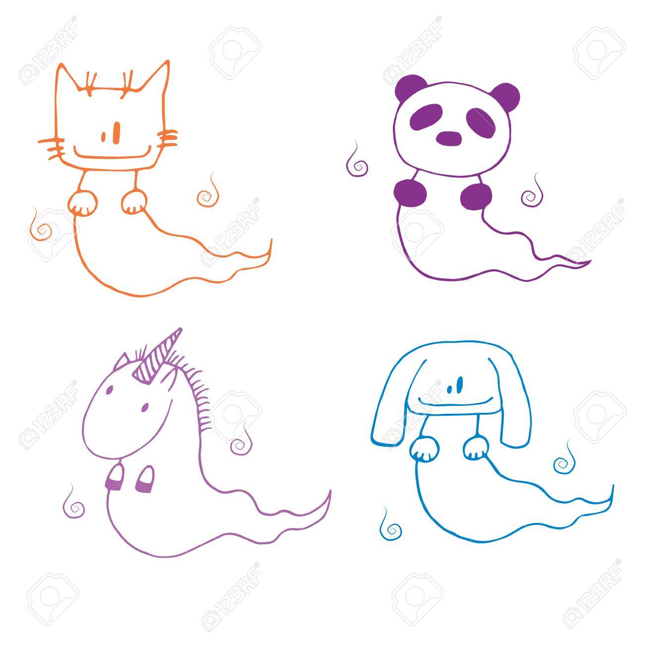 1300x1300 Hand Drawn Illustration Of Cartoon Ghost Animals Cat, Panda