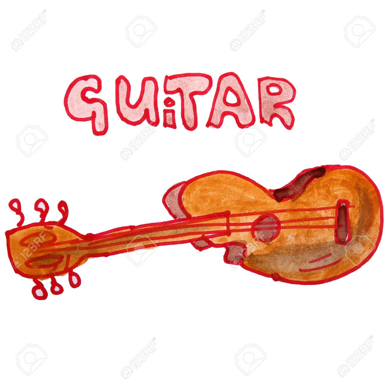 1300x1300 Watercolor Drawing Kids Cartoon Guitar On White Background Stock