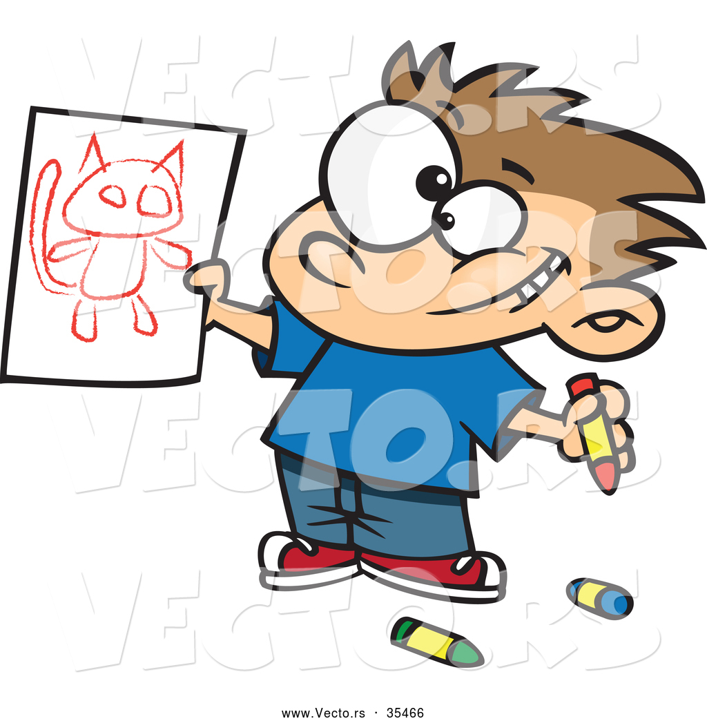 1024x1044 Vector Of A Proud Cartoon Boy Showing His Cat Drawing By Toonaday