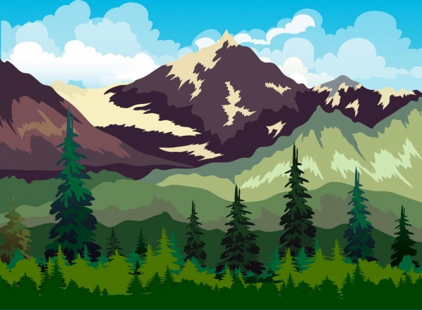 600x441 Mountain Landscape Drawing Multicolored Cartoon Design Free Vector
