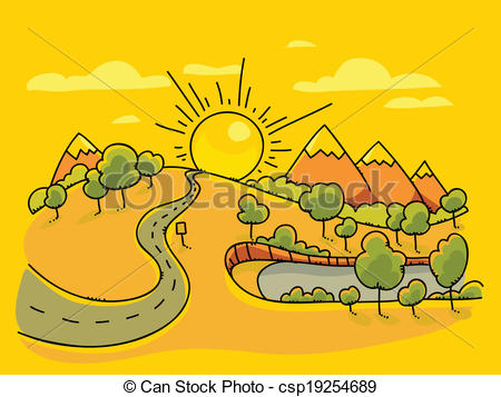 450x357 Sunrise Landscape. The Sun Rises Above A Cartoon Landscape. Vector
