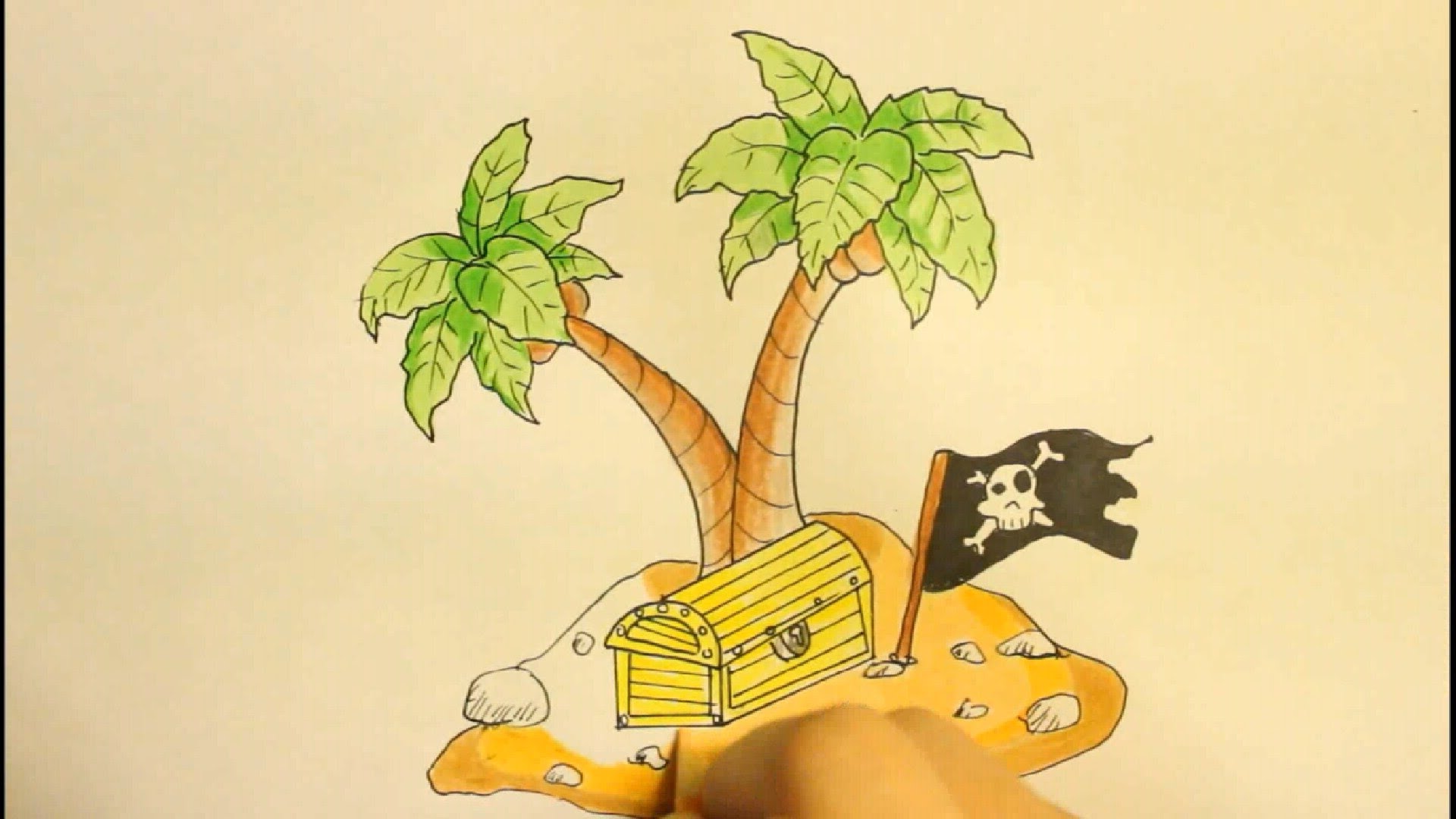 1920x1080 How To Draw A Island With Palm Tree And Treasure Box Easy Step By