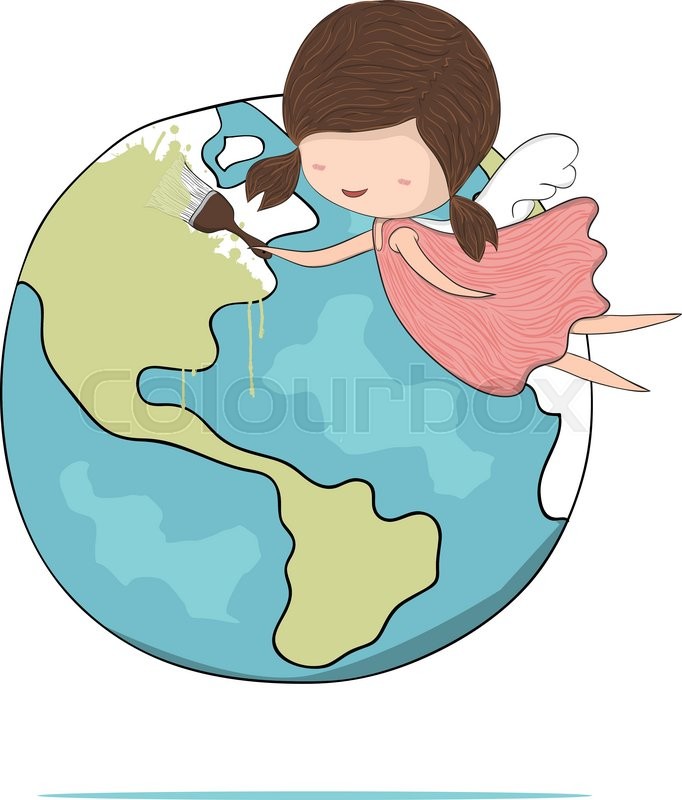 682x800 Cute Doodle Of A Girl Angel Painting A World, Drawing By Hand
