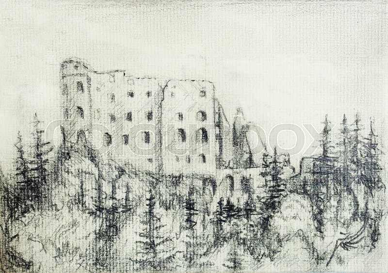 800x563 Middle Castle Pencil Drawing In Forest, On Old Paper Stock