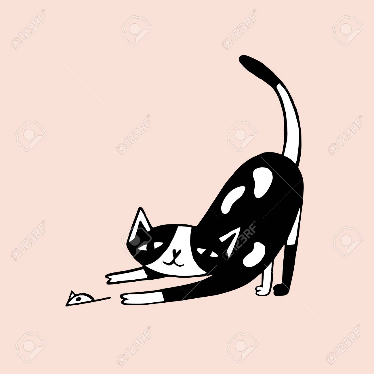 1300x1300 Drawing Of Funny Cat Hunting And Catching Mouse Or Playing