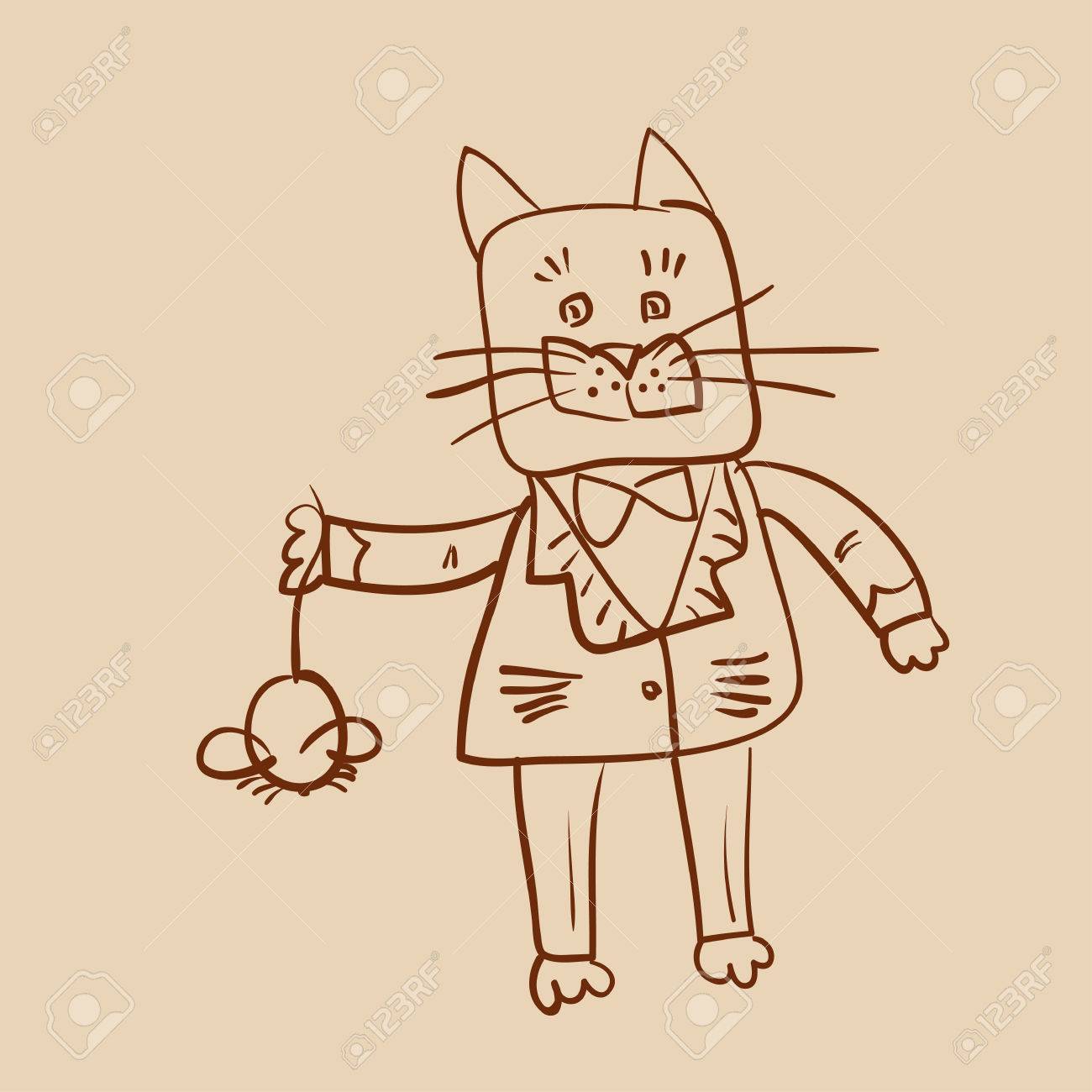 1300x1300 Outline Drawing Of Fat Dressed Cat Who Catch A Mouse Royalty Free