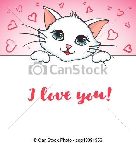 450x470 Cute Cat Holding Banner. Love Concept. Greeting Card