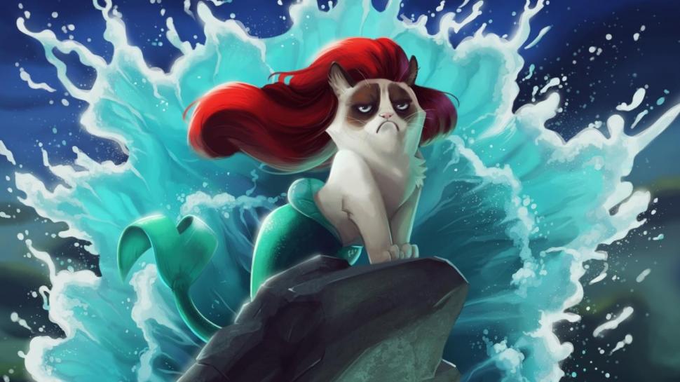 970x545 Cat, Grumpy Cat, The Little Mermaid, Disney, Humor, Drawing