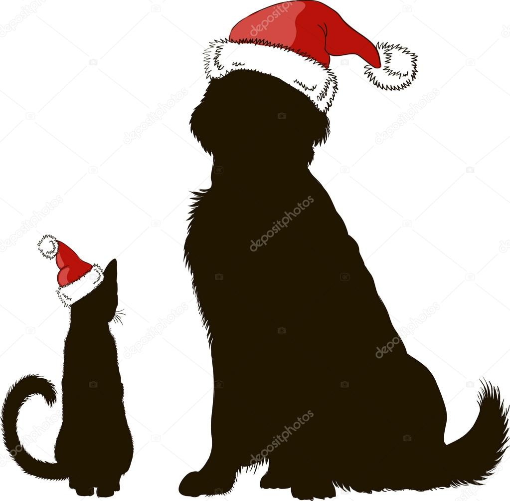 1023x1004 Drawing Of A Dog And A Cat In Christmas Hats Silhouettes Stock