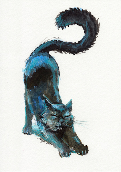 423x600 Original Ink And Pencil Drawing Cute Black Blue Cat Stretching