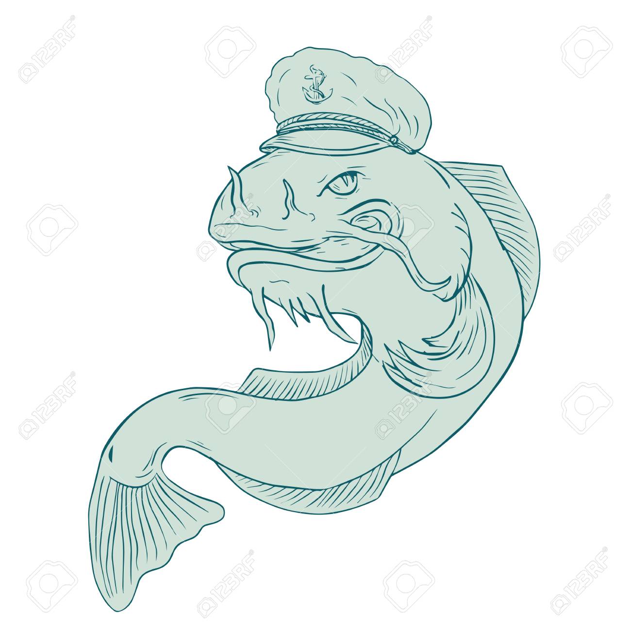 1300x1300 Drawing Sketch Style Illustration Of A Catfish Wearing Sea Captain