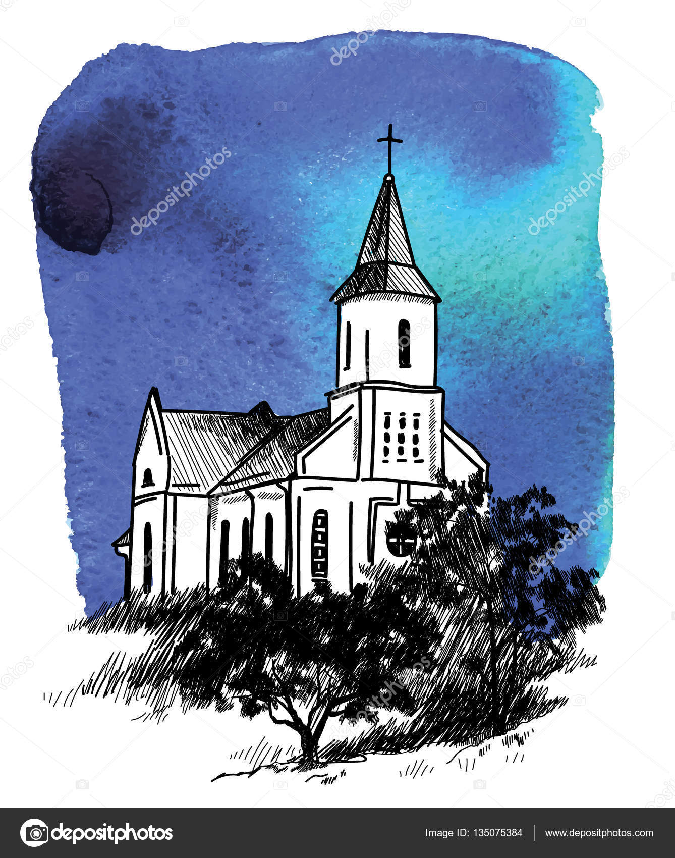 1338x1700 Catholic Church Vector Freehand Drawing In Vintage Style Old
