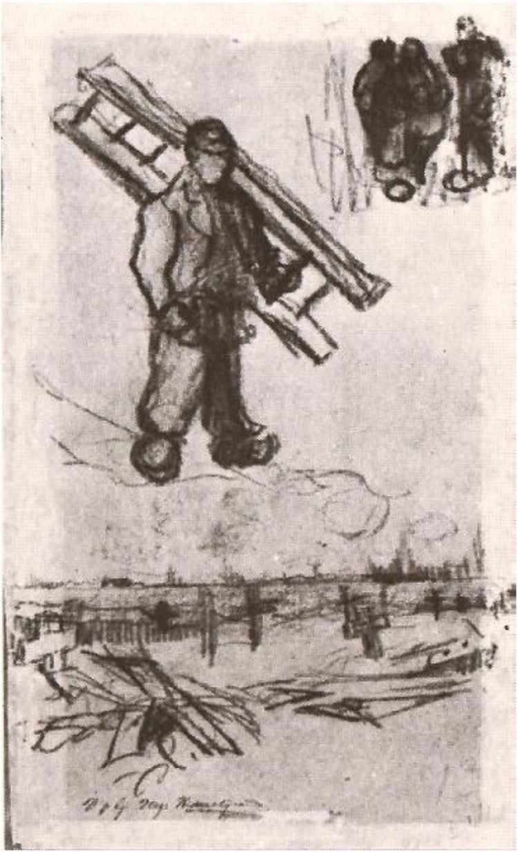 750x1232 Sketches Of A Man With A Ladder, Other Figures, And A Cemetery By