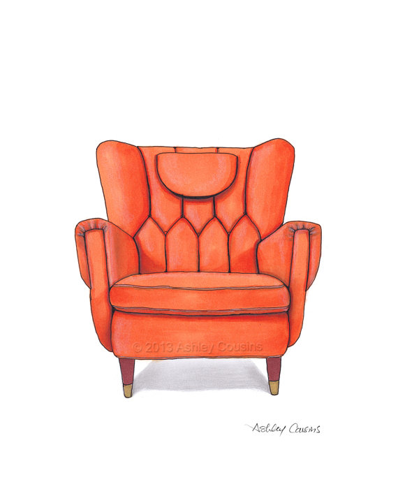 570x713 Mid Century Modern Chair Drawing Orange Nectarine 8x10