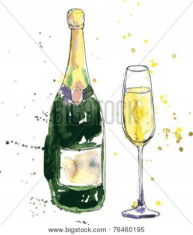 387x470 Image Of Champagne Bottle Glass Drawing Watercolor Ink Hand Art