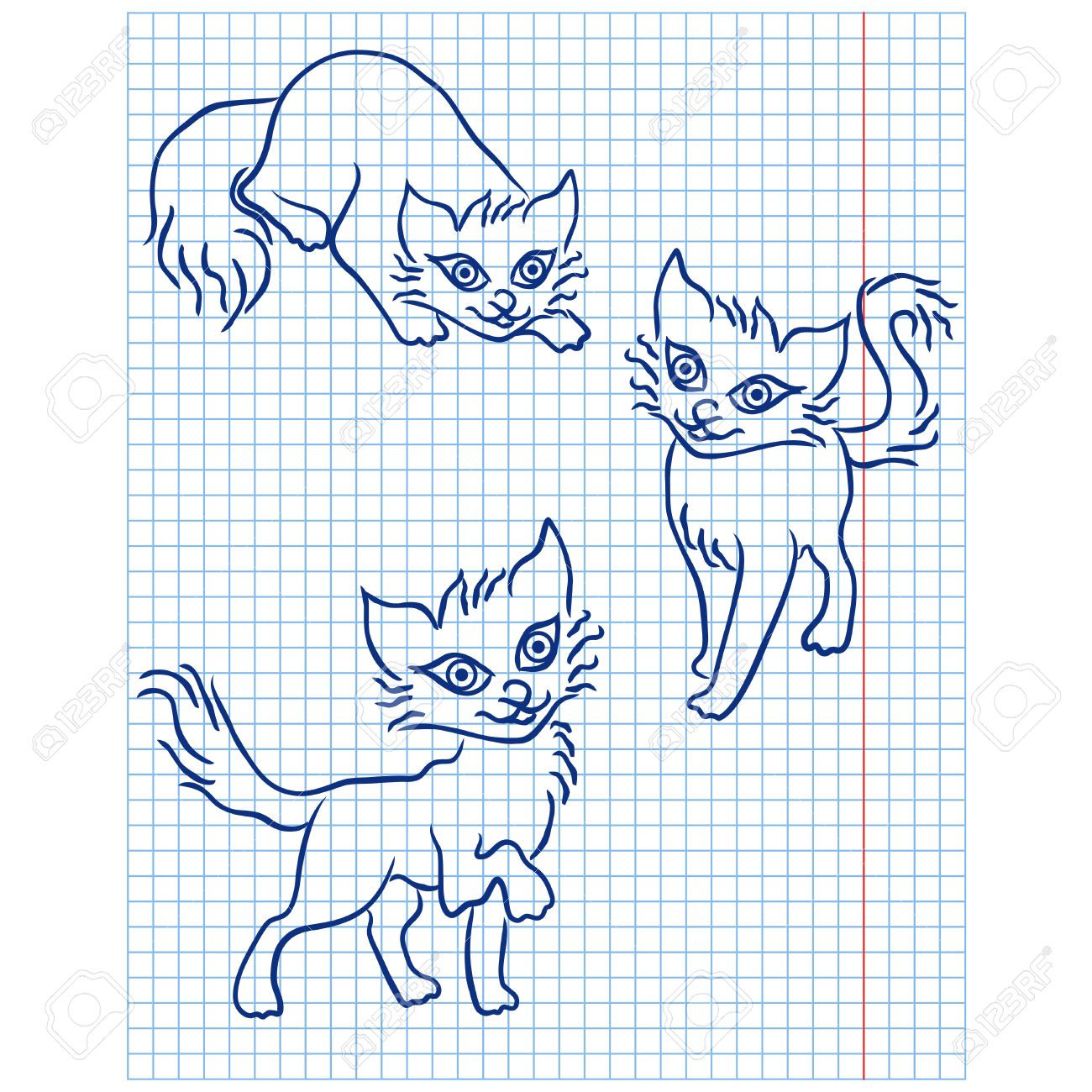 1300x1300 Cute Three Blue Cats Drawing On A Checkered Sheet, Vector