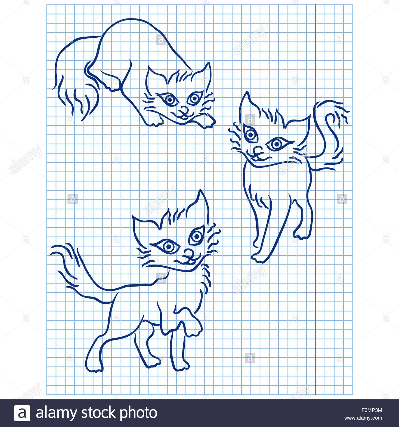 1300x1390 Cute Three Blue Cats Drawing On A Checkered Sheet, Vector Stock