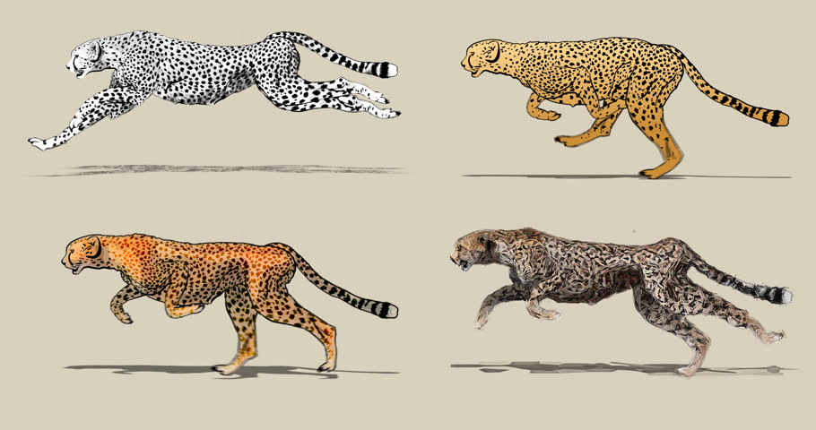 910x480 Cartoon Cheetah Running. Four Different Drawing Style Pencil