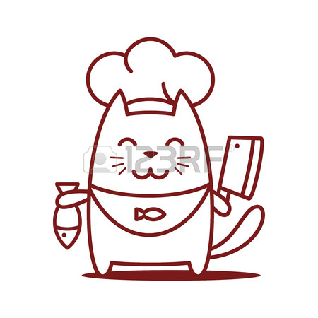 450x450 Character Chef In A Chef's Hat Line Art. Cat Female Stands Smiling